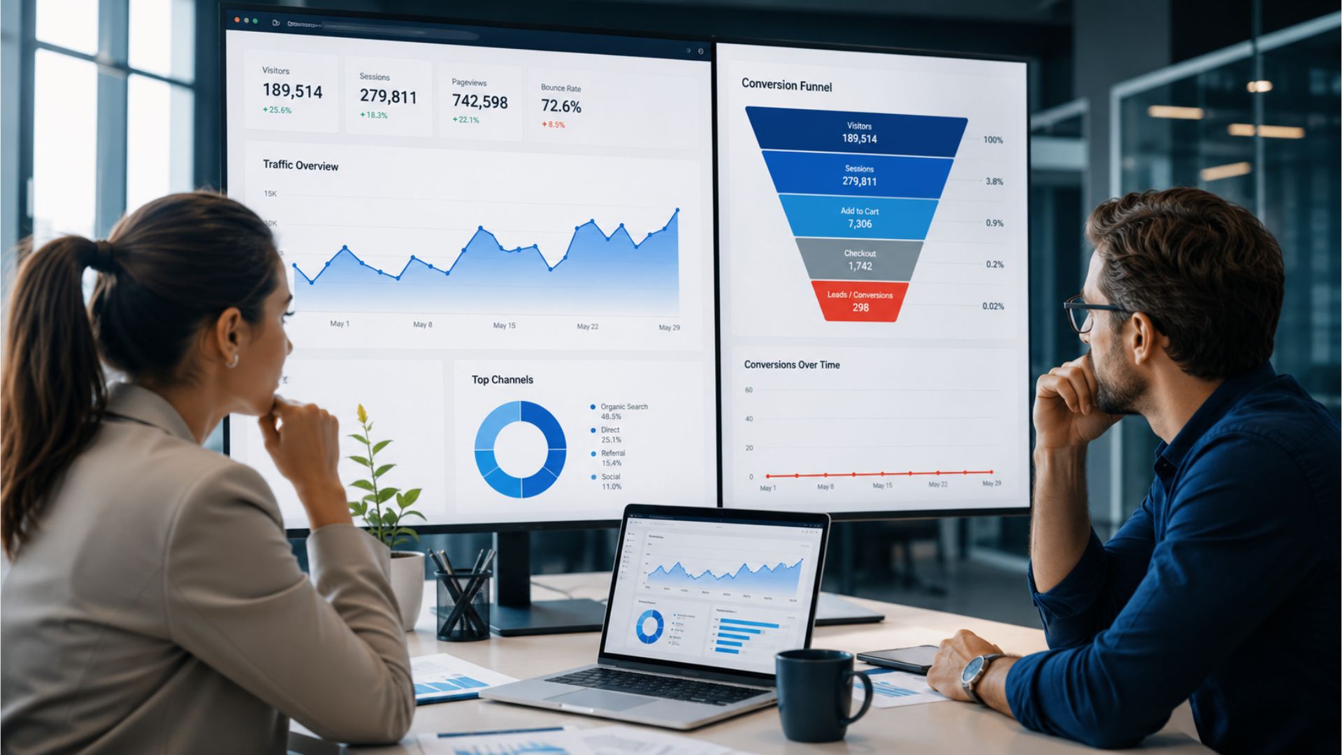 Marketing team investigating why website traffic is not generating leads